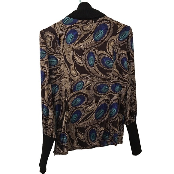 Etcetera silk spandex peacock print turtle neck long sleeve top - Picture 2 of 14
